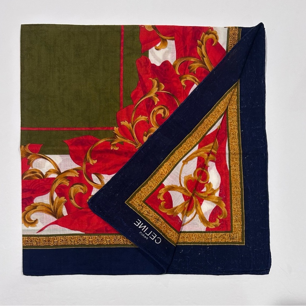 WOMEN HANDKERCHIEF CELINE Blue Green Gold Scarf COTTON POCKET SQUARE 20” - Picture 4 of 9